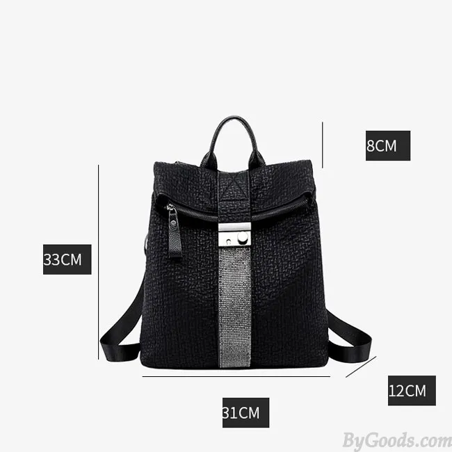 Leisure Crocodile Pattern Flash Drill Stripe Black Large Leather School Backpack