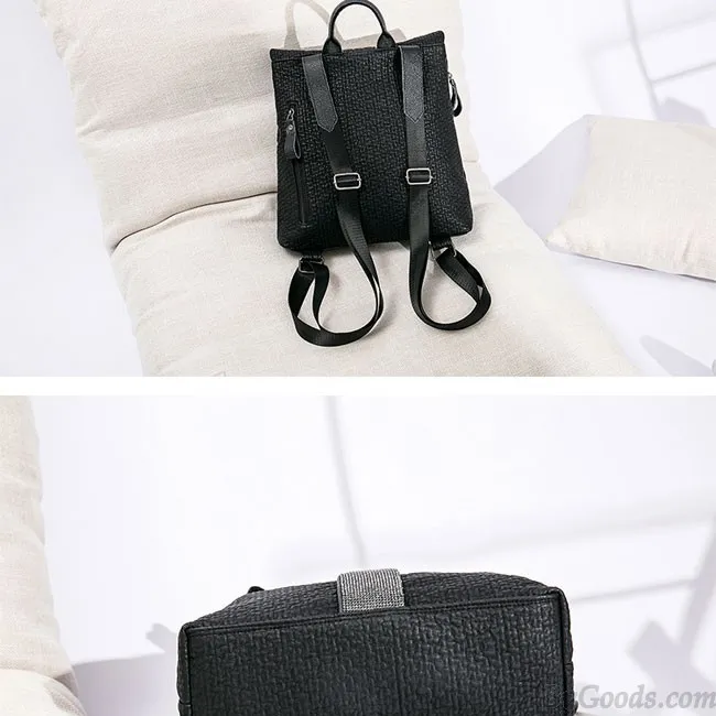 Leisure Crocodile Pattern Flash Drill Stripe Black Large Leather School Backpack