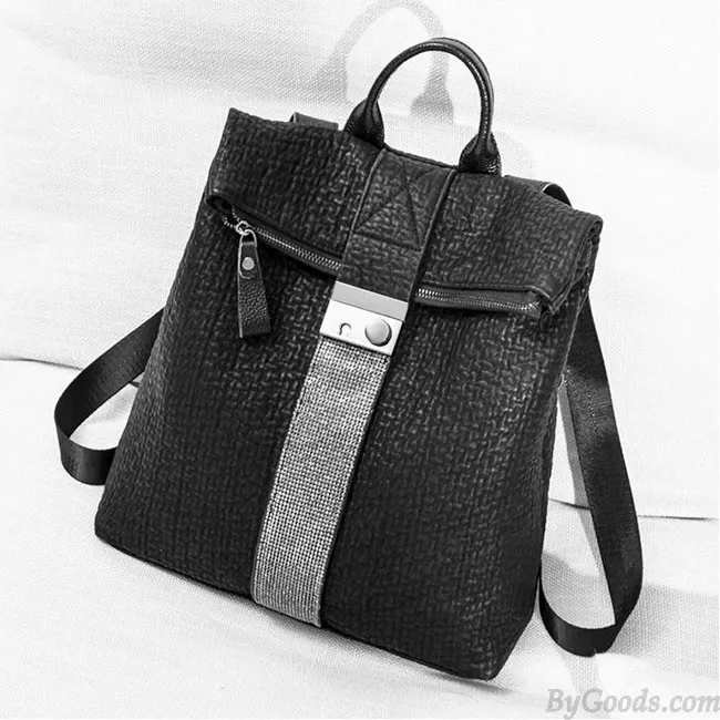 Leisure Crocodile Pattern Flash Drill Stripe Black Large Leather School Backpack