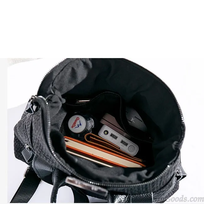 Leisure Crocodile Pattern Flash Drill Stripe Black Large Leather School Backpack