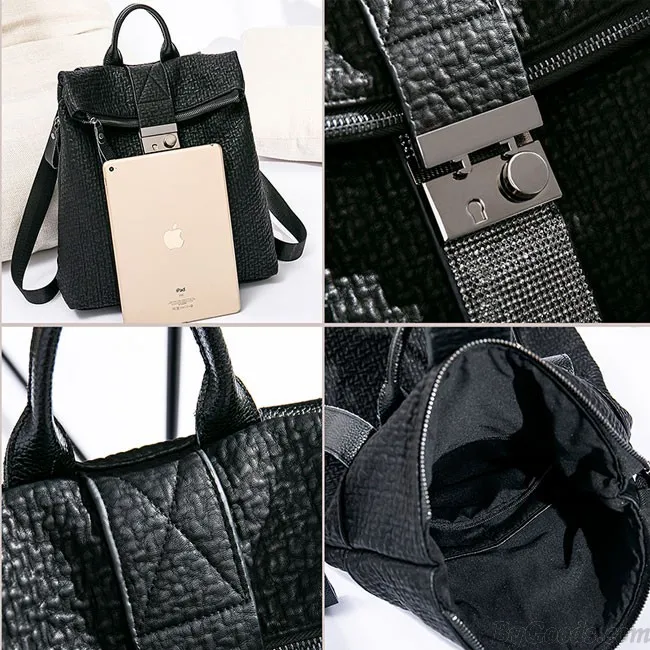 Leisure Crocodile Pattern Flash Drill Stripe Black Large Leather School Backpack