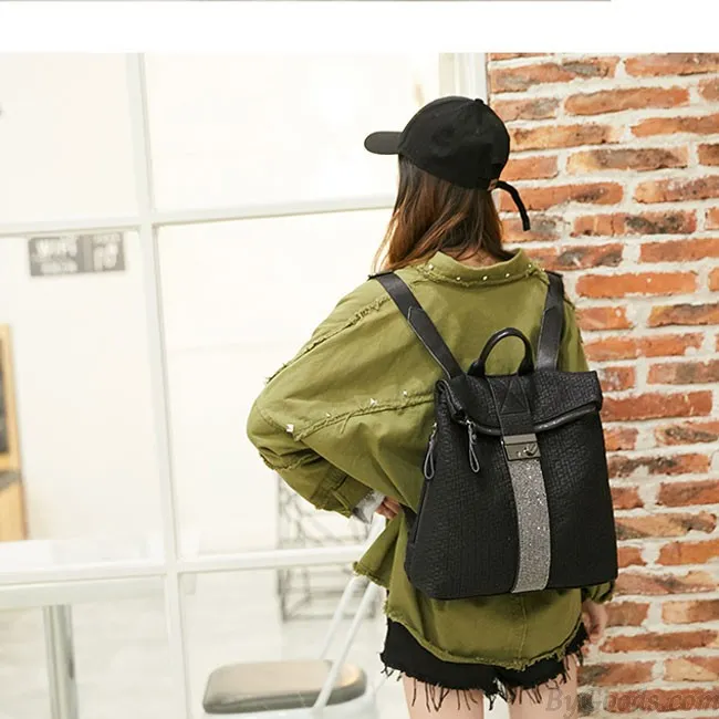 Leisure Crocodile Pattern Flash Drill Stripe Black Large Leather School Backpack