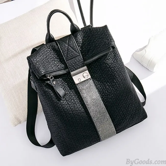 Leisure Crocodile Pattern Flash Drill Stripe Black Large Leather School Backpack