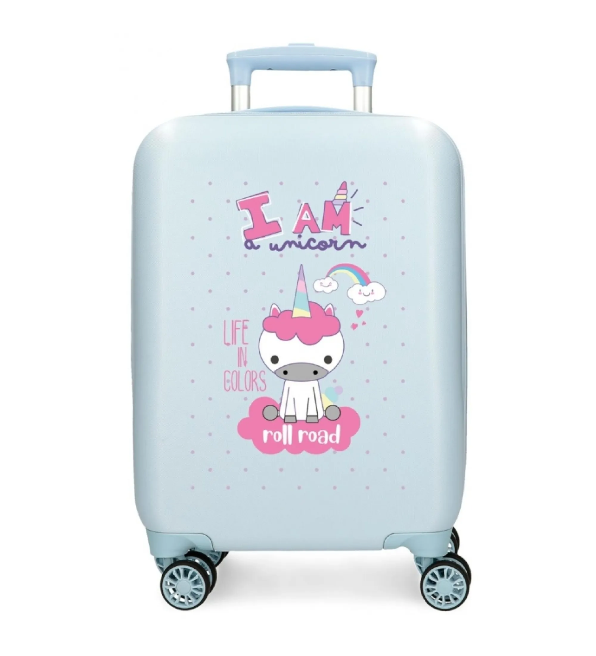 Maleta de cabina Roll Road I am unicorn rígida 50 cm azul claro