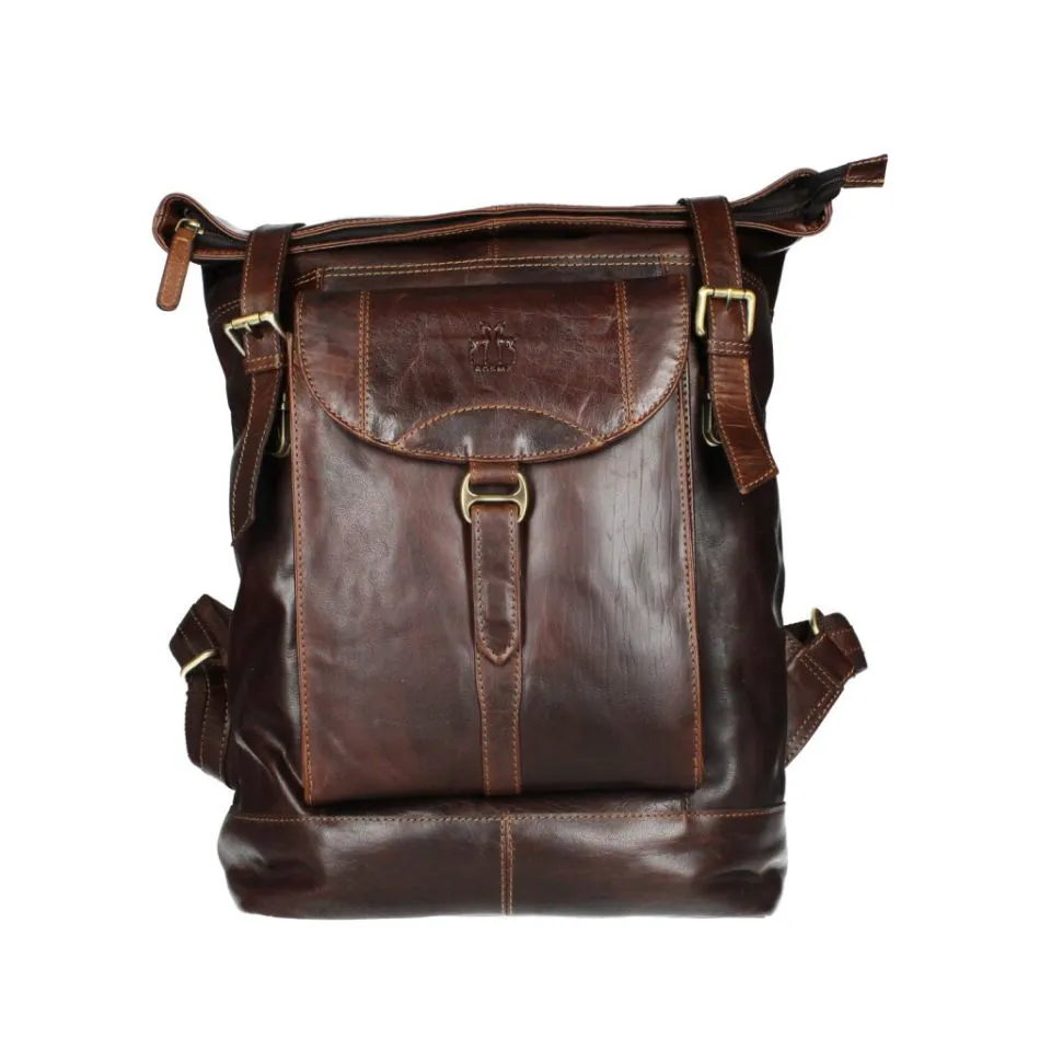 Mochila Piel Marron Grande Cremalleras Trasera Nylon