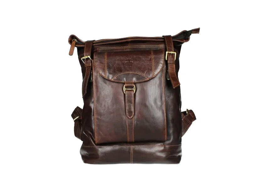 Mochila Piel Marron Grande Cremalleras Trasera Nylon