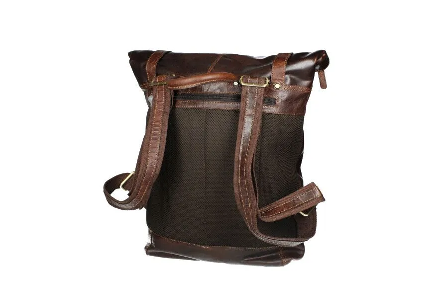 Mochila Piel Marron Grande Cremalleras Trasera Nylon