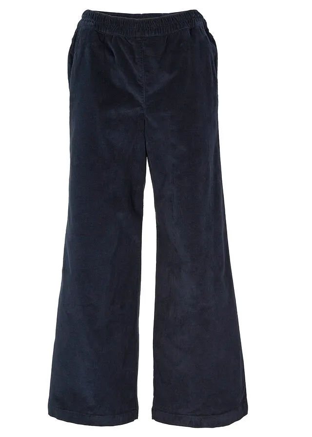 Pantalón ancho de pana con cintura cómoda y largo hasta el tobillo Azul marino