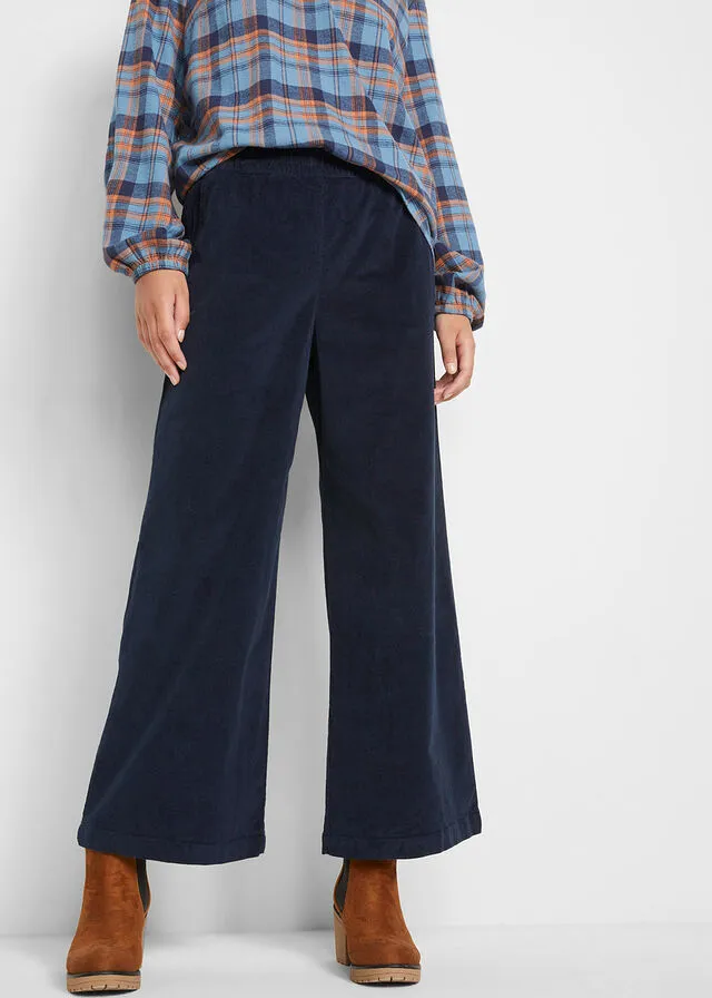 Pantalón ancho de pana con cintura cómoda y largo hasta el tobillo Azul marino