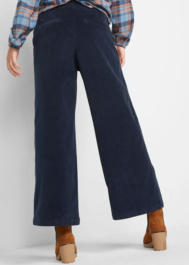 Pantalón ancho de pana con cintura cómoda y largo hasta el tobillo Azul marino