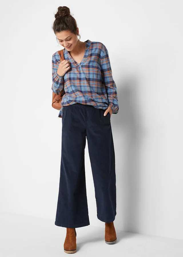 Pantalón ancho de pana con cintura cómoda y largo hasta el tobillo Azul marino