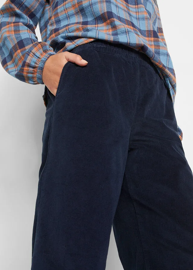 Pantalón ancho de pana con cintura cómoda y largo hasta el tobillo Azul marino