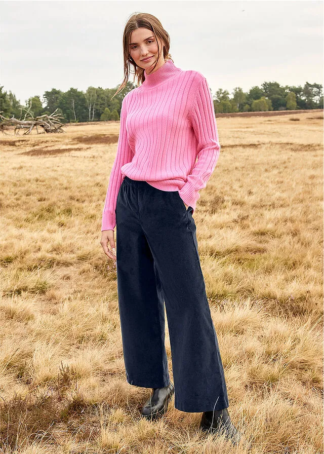 Pantalón ancho de pana con cintura cómoda y largo hasta el tobillo Azul marino