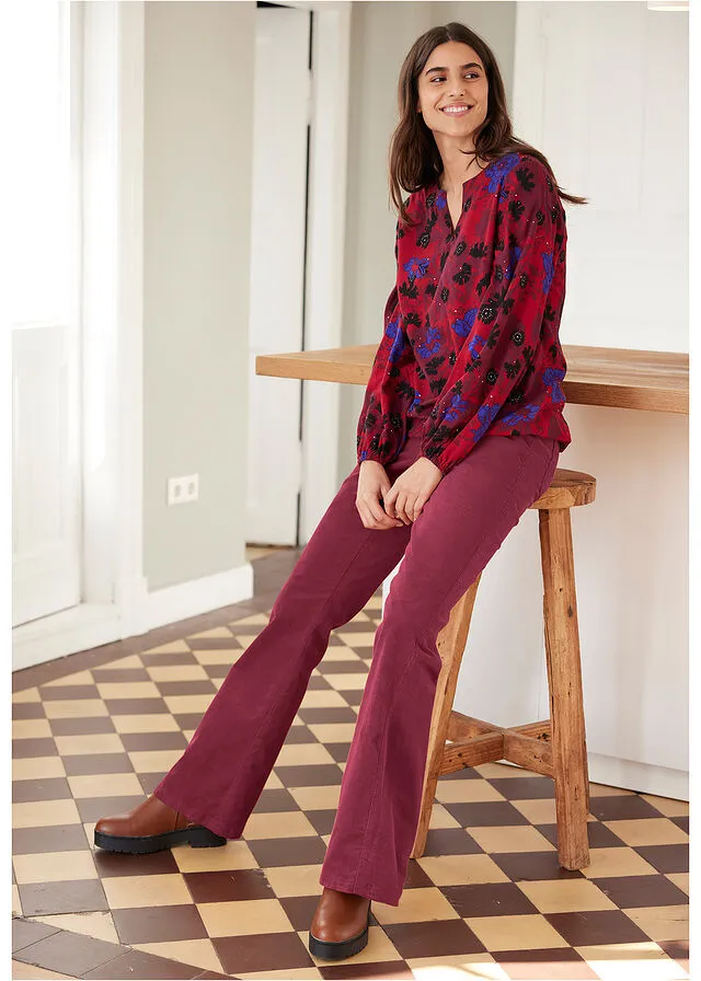 Pantalón de pana elástico con cómoda cintura high waist rojo avellana