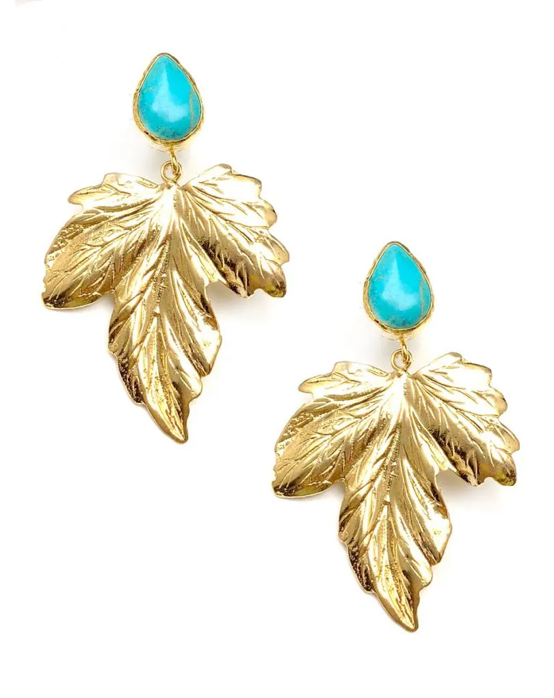 pendientes grandes mujer con piedra turquesa y hoja