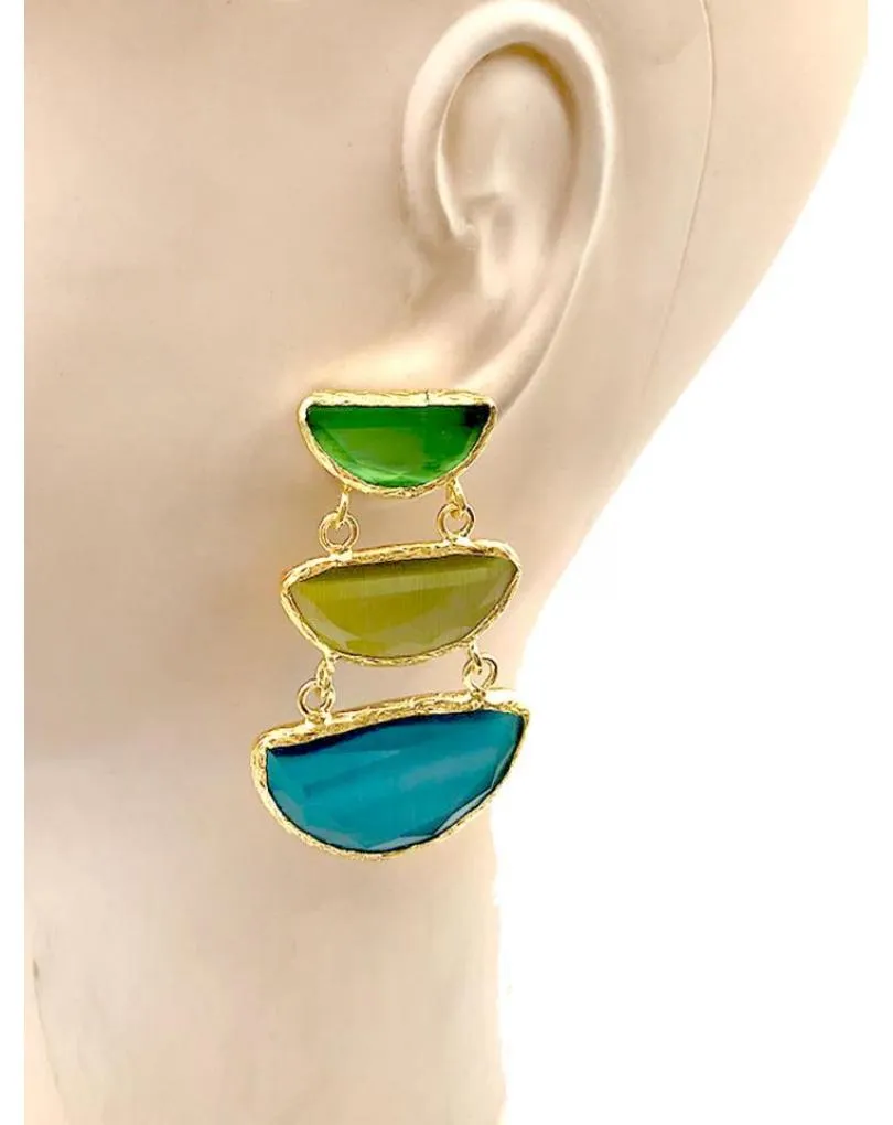 PENDIENTES LARGOS ELEGANTES CON TRIO DE PIEDRA AZUL Y VERDE