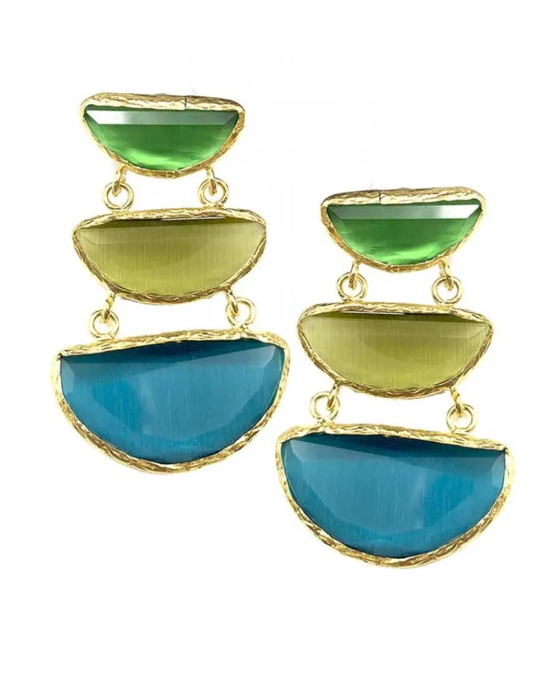 PENDIENTES LARGOS ELEGANTES CON TRIO DE PIEDRA AZUL Y VERDE