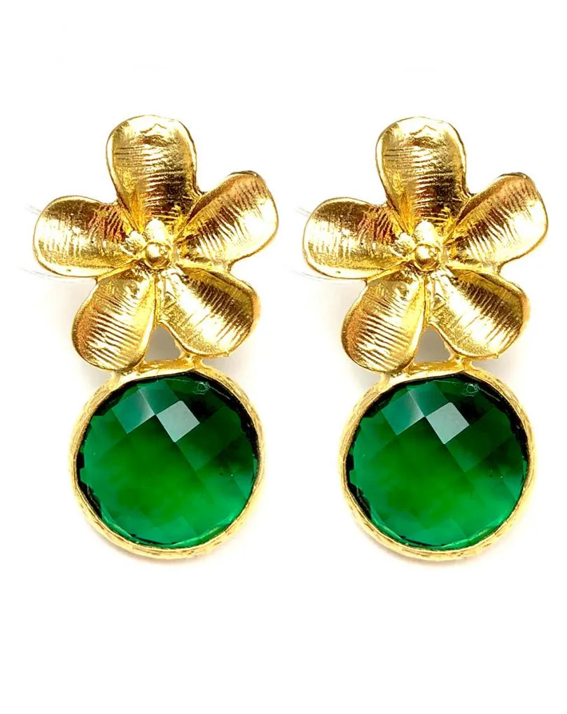 PENDIENTES PEQUEÑOS VERDES CON FLOR DORADO MATE
