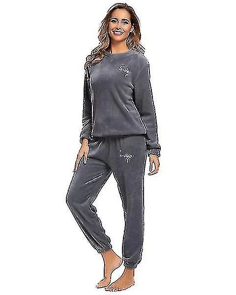 Pijama cálido de invierno más pantalones superiores de lana Cuello redondo Juego de pijamas suaves