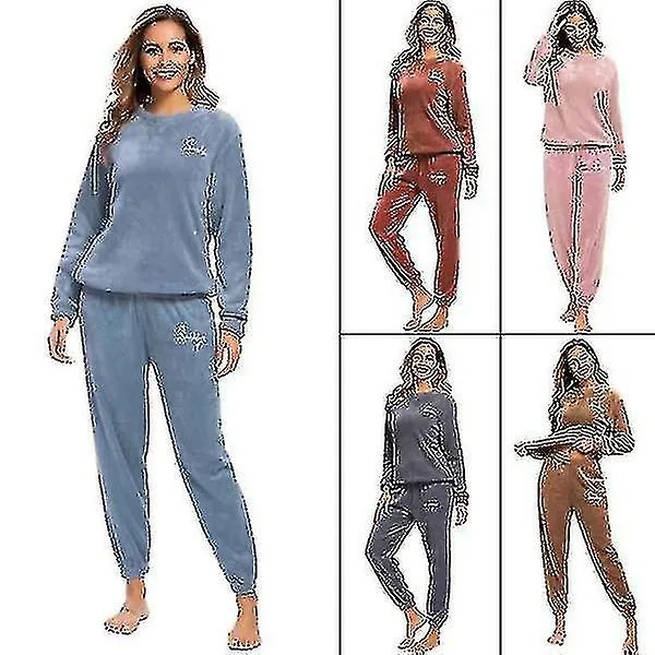 Pijama cálido de invierno más pantalones superiores de lana Cuello redondo Juego de pijamas suaves
