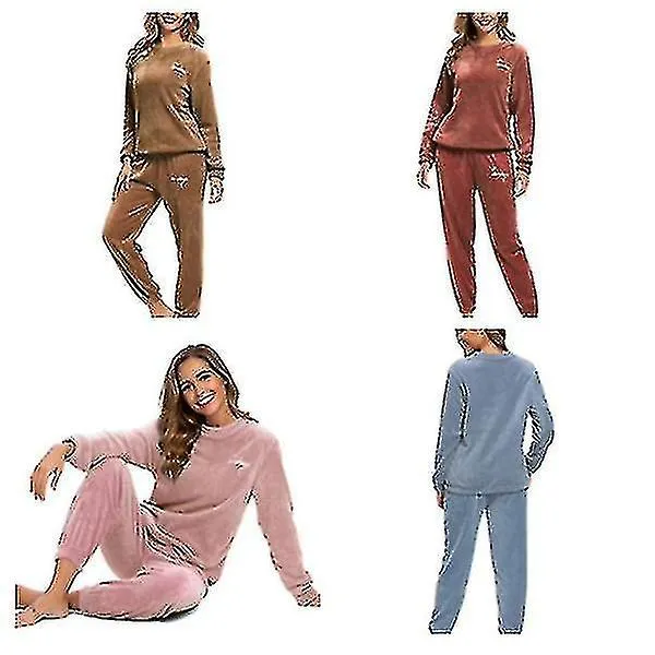 Pijama cálido de invierno más pantalones superiores de lana Cuello redondo Juego de pijamas suaves