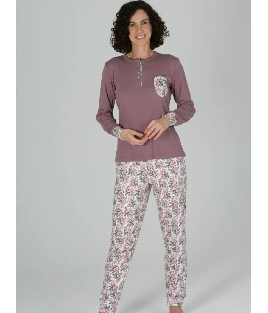 Pijama invierno mujer Pettrus Flores cuello abierto