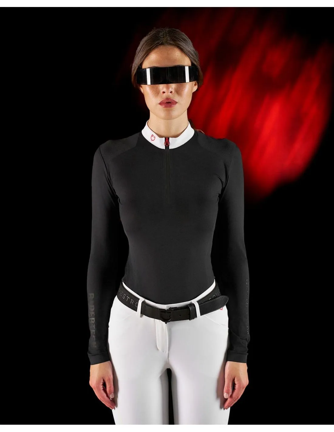 Polo De Competición Manga Larga Y Cremallera Mujer Equestro Ridertechnology Negro