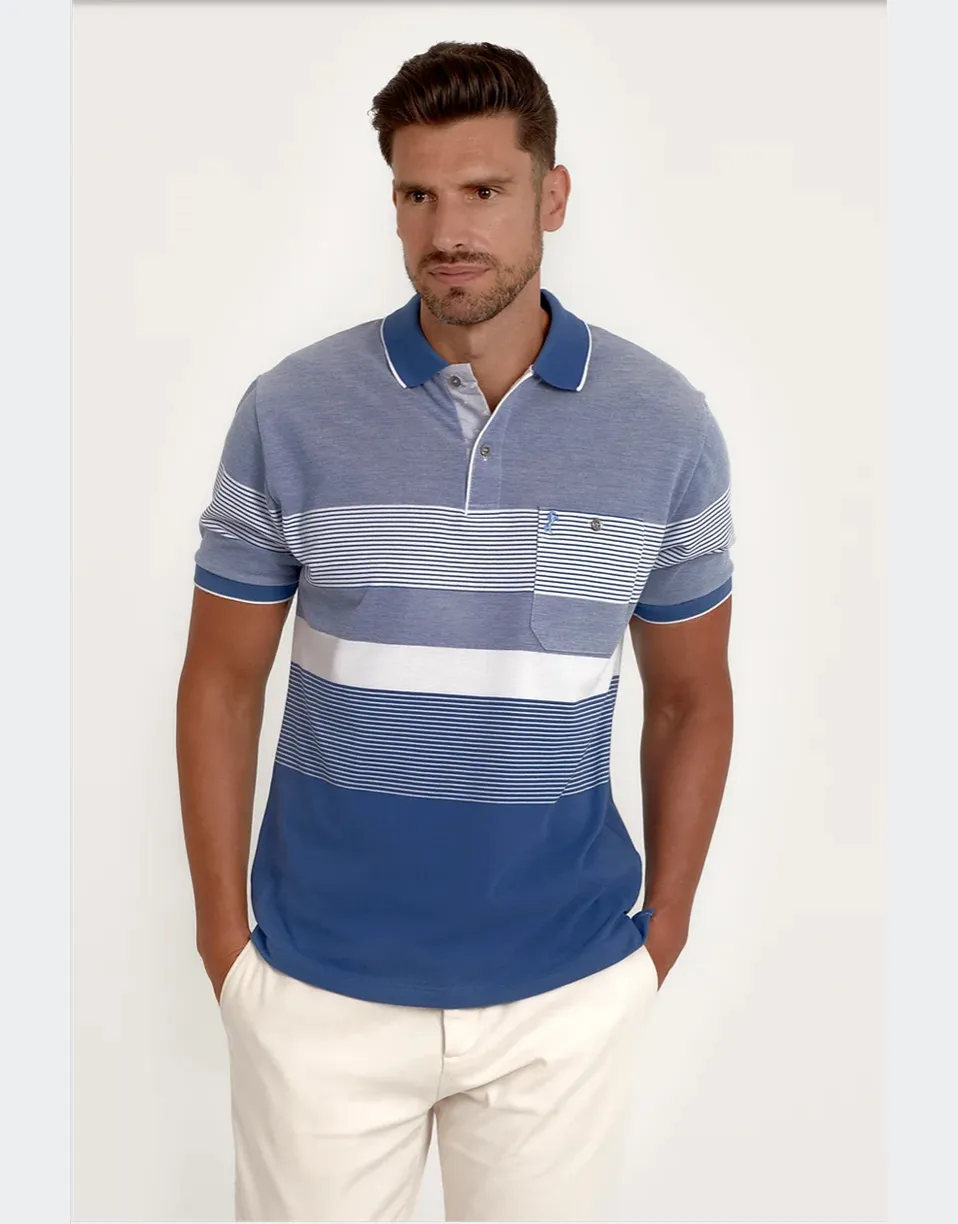 Polo hombre punto manga corta jaspeado y rayas combinadas en celeste