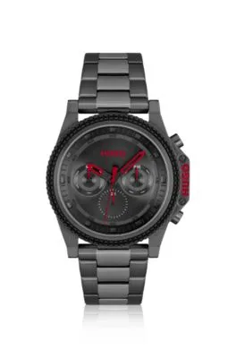 Reloj con pulsera de eslabones, esfera negra y bisel de silicona