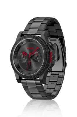 Reloj con pulsera de eslabones, esfera negra y bisel de silicona