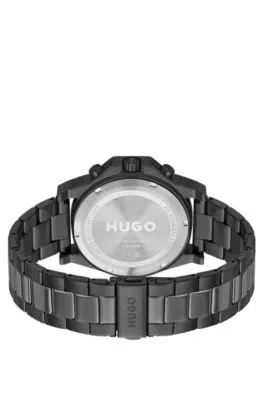 Reloj con pulsera de eslabones, esfera negra y bisel de silicona