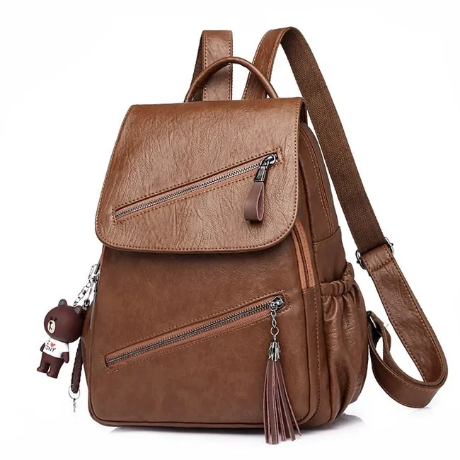 Retro British Style Tassel School Lady Leisure Double Oblique Zipper PU Backpack