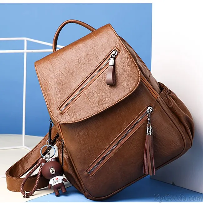 Retro British Style Tassel School Lady Leisure Double Oblique Zipper PU Backpack