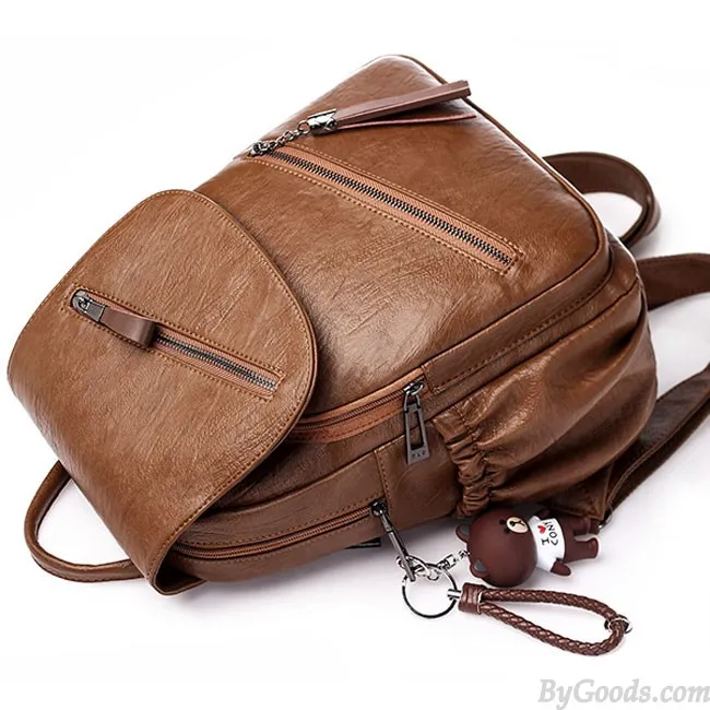 Retro British Style Tassel School Lady Leisure Double Oblique Zipper PU Backpack