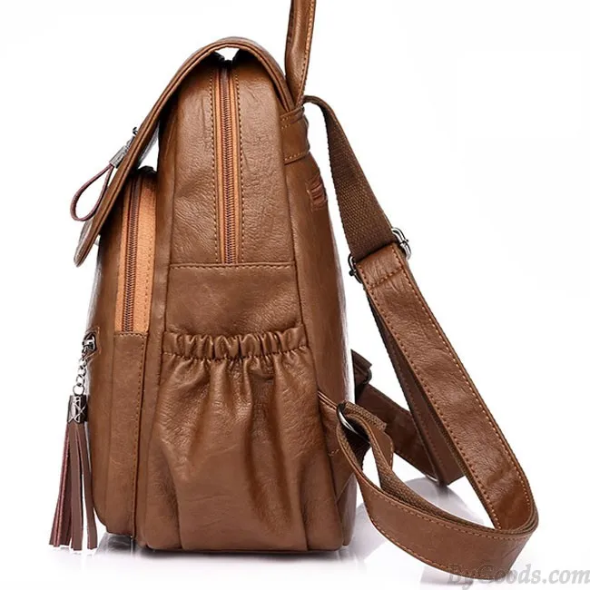 Retro British Style Tassel School Lady Leisure Double Oblique Zipper PU Backpack