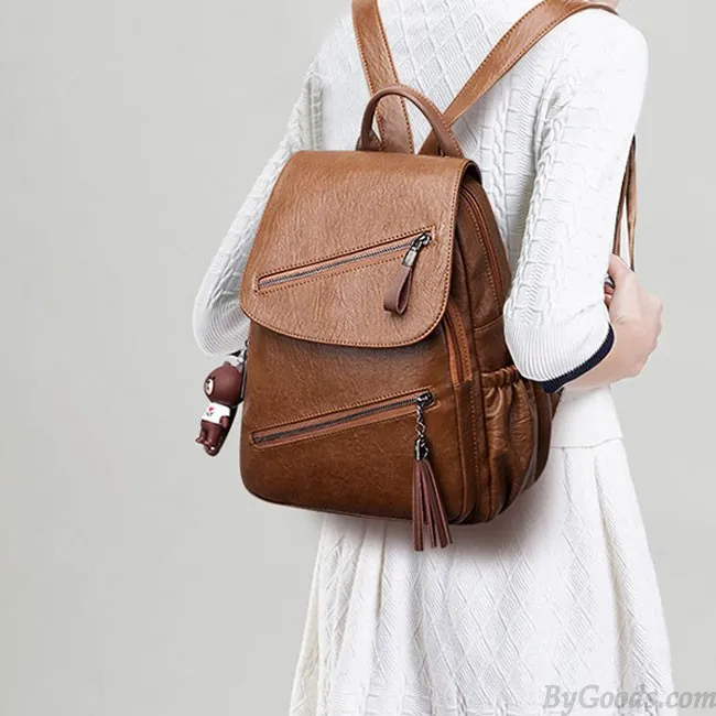 Retro British Style Tassel School Lady Leisure Double Oblique Zipper PU Backpack