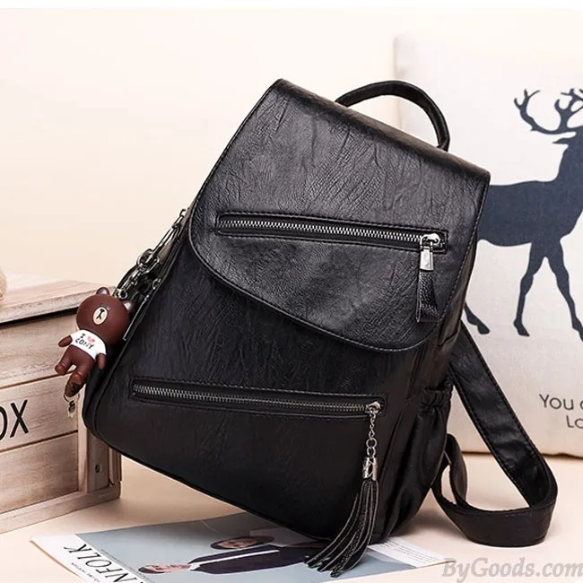 Retro British Style Tassel School Lady Leisure Double Oblique Zipper PU Backpack