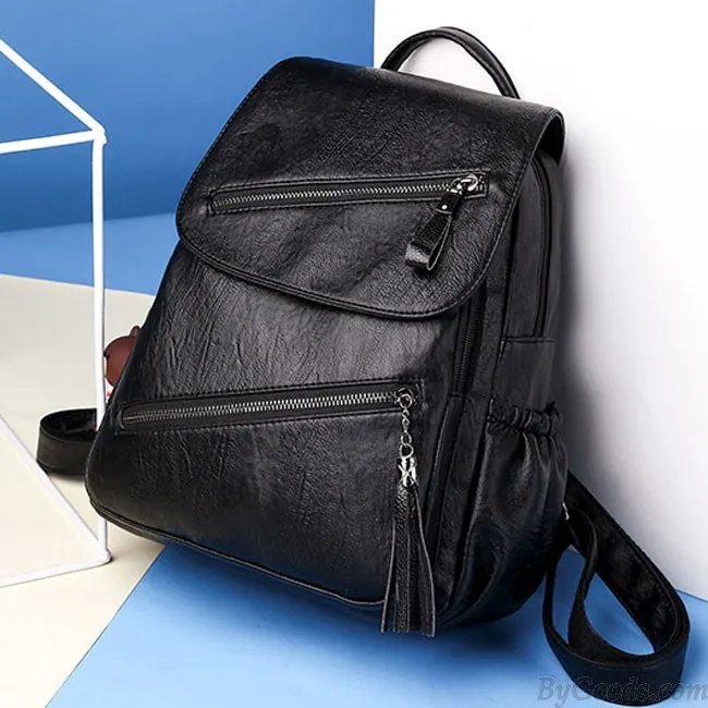 Retro British Style Tassel School Lady Leisure Double Oblique Zipper PU Backpack