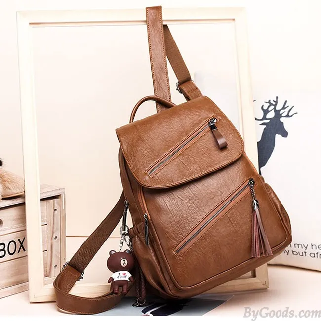 Retro British Style Tassel School Lady Leisure Double Oblique Zipper PU Backpack