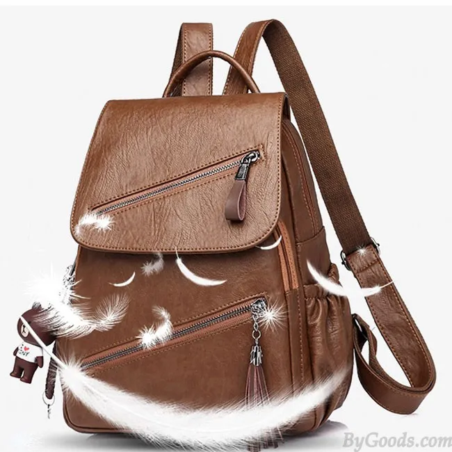 Retro British Style Tassel School Lady Leisure Double Oblique Zipper PU Backpack
