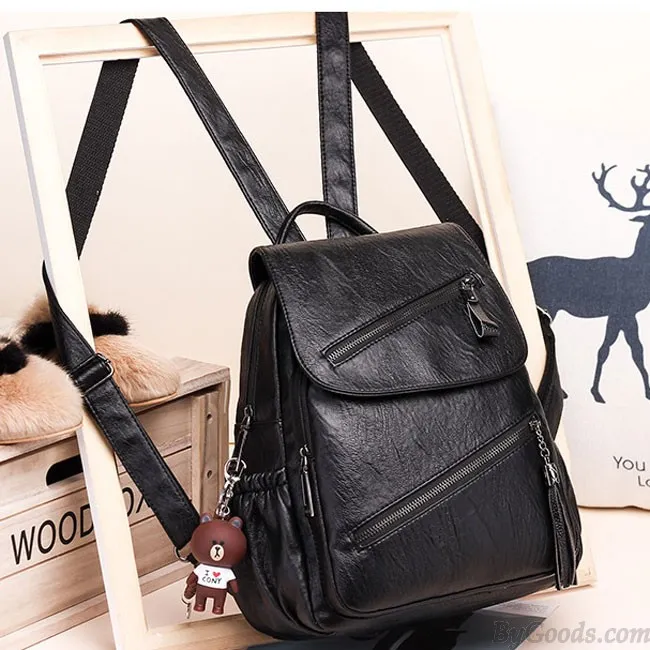 Retro British Style Tassel School Lady Leisure Double Oblique Zipper PU Backpack