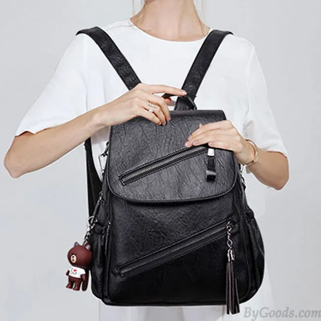 Retro British Style Tassel School Lady Leisure Double Oblique Zipper PU Backpack