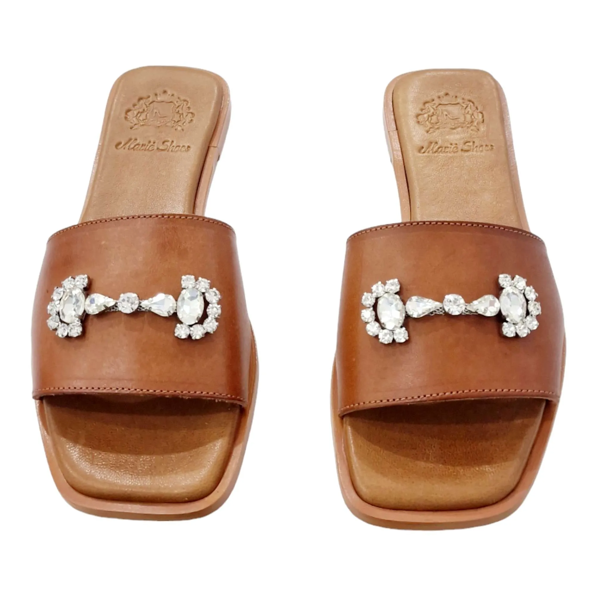 SANDALIAS MUJER PLANA PALA ADORNO BROCHE CUERO CUERO