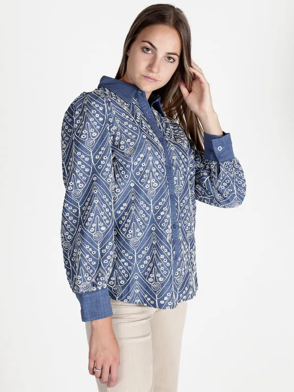 Solada Camisa de mujer con bordado y manga larga abullonada