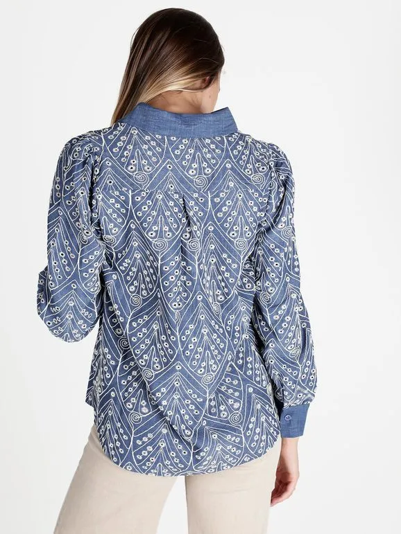 Solada Camisa de mujer con bordado y manga larga abullonada