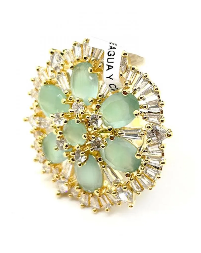 SORTIJAS ELEGANTES VERDE AGUA ANILLO DE ROSETON CON CIRCON