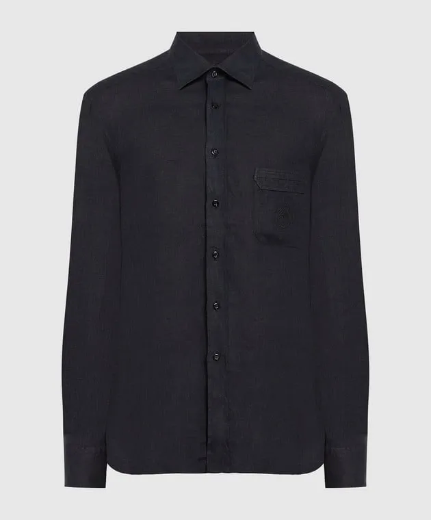 Stefano Ricci Black linen shirt with logo embroidery