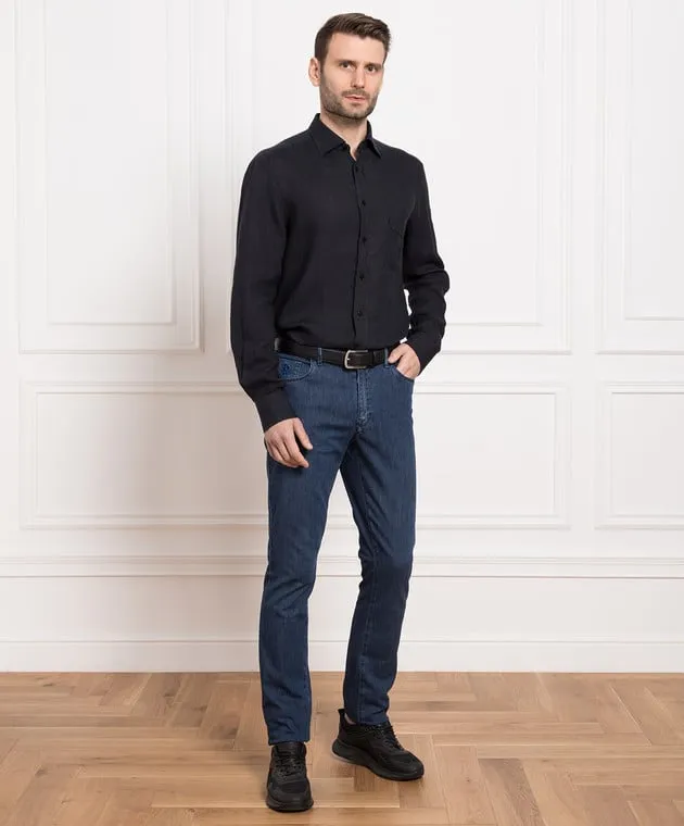 Stefano Ricci Black linen shirt with logo embroidery