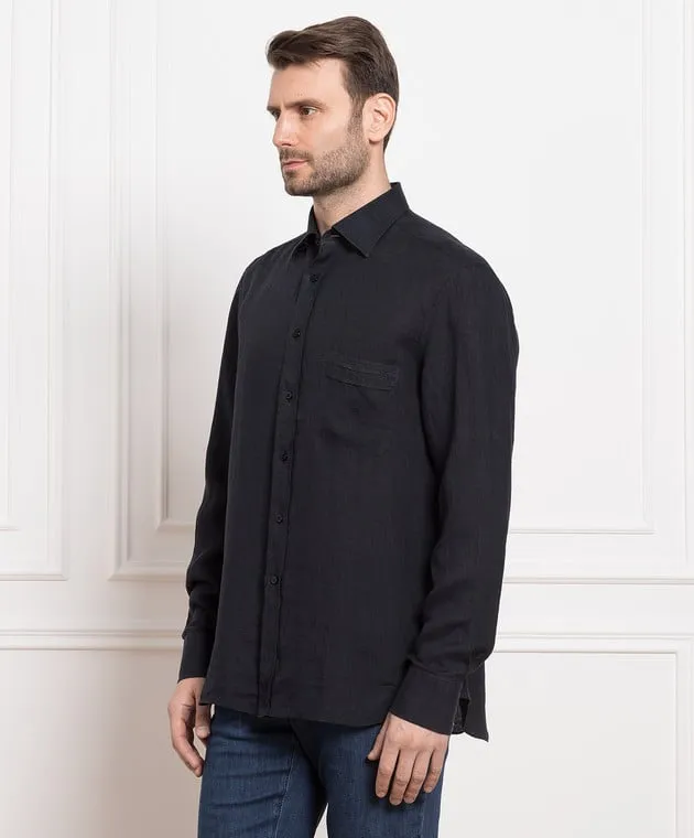 Stefano Ricci Black linen shirt with logo embroidery
