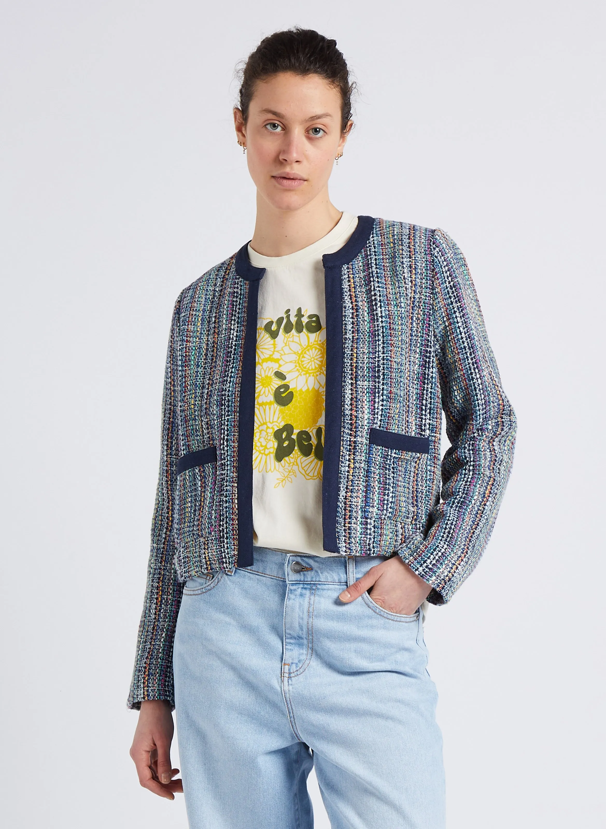 SUD EXPRESS VAHALA  CHAQUETA CORTA DE TWEED EN AZUL
